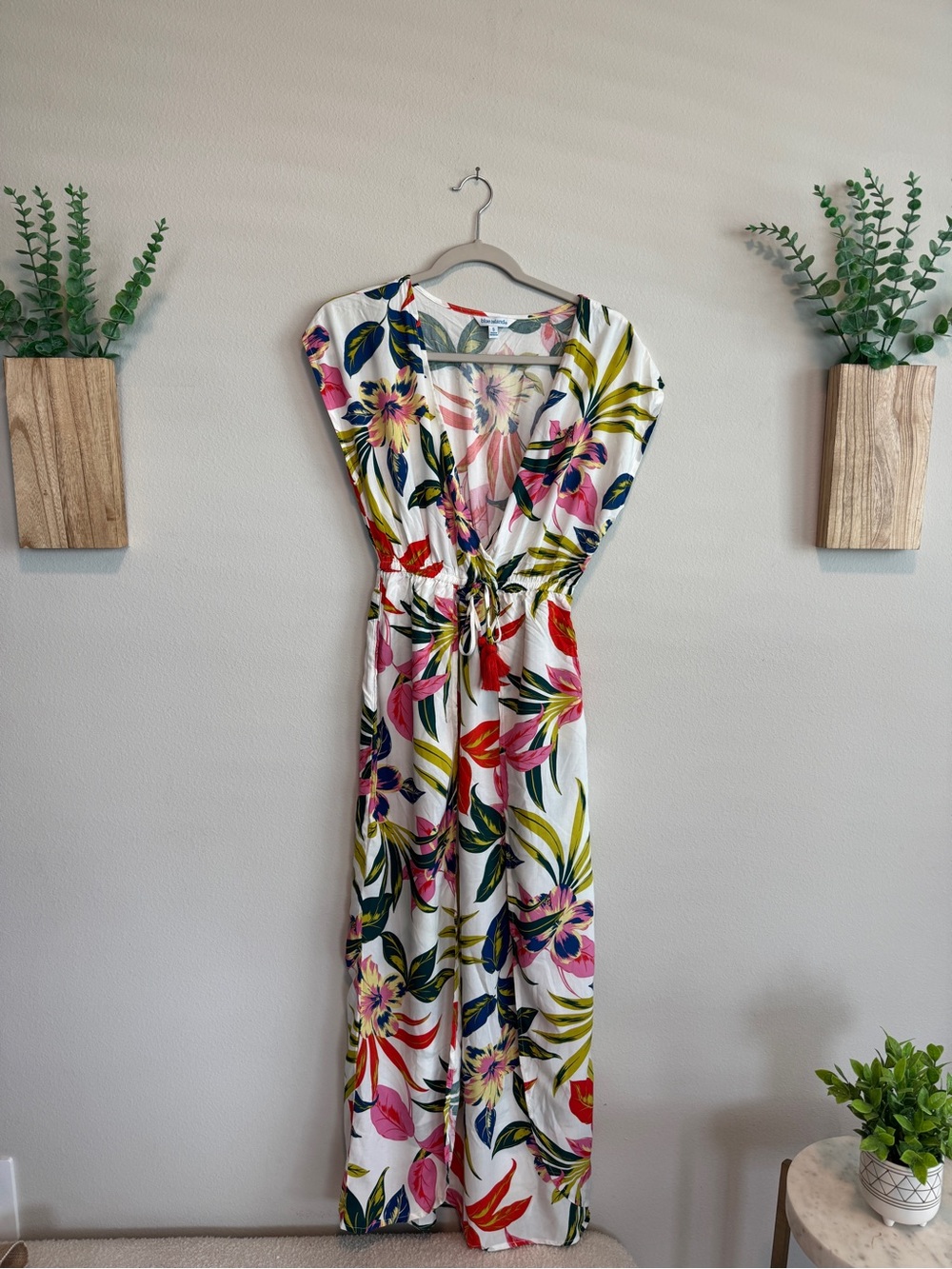 blue island White Floral Wrap Maxi Dress with Pink, Green & Navy Accents